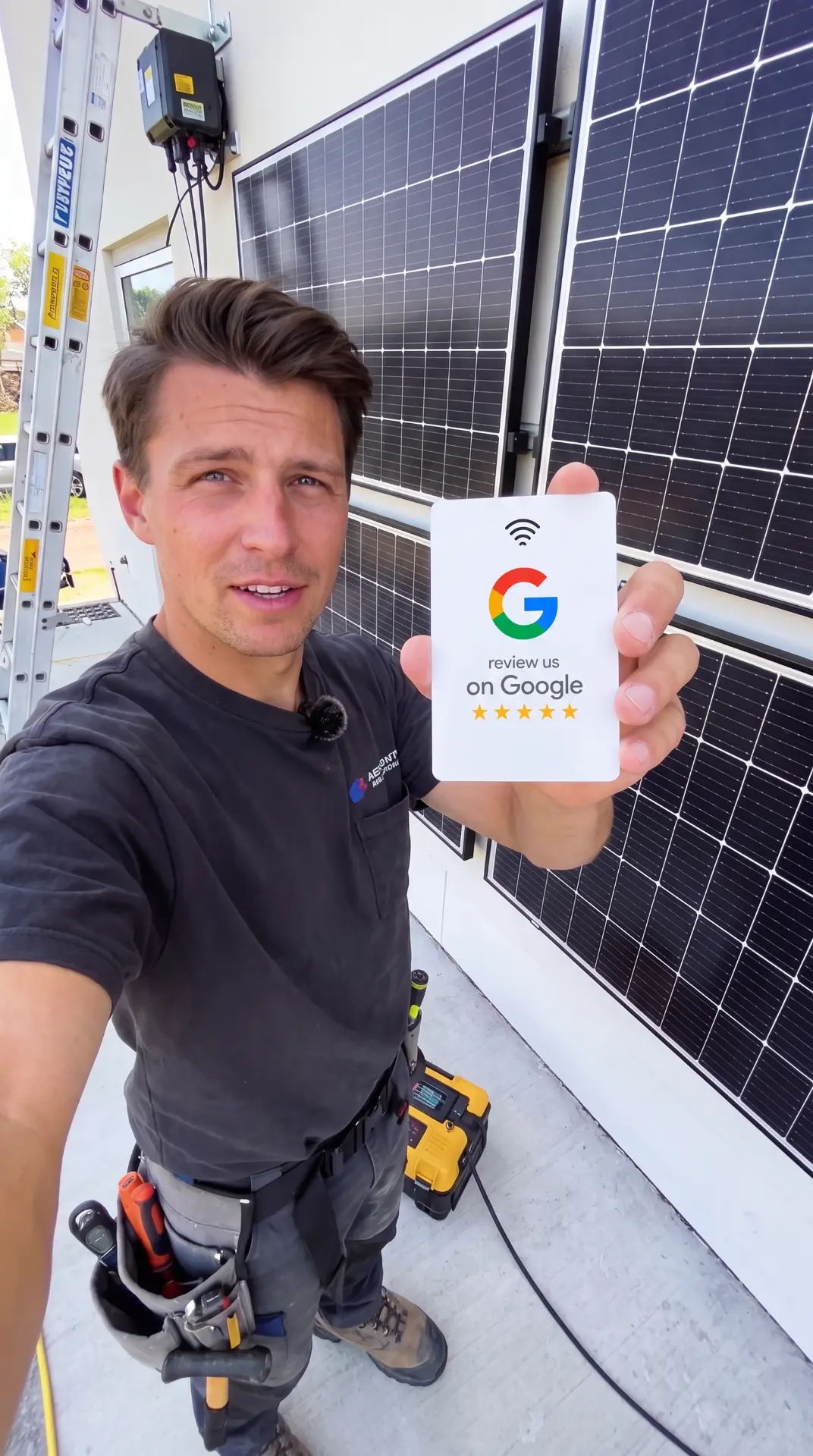 Solar installer holding an NFC Google review card