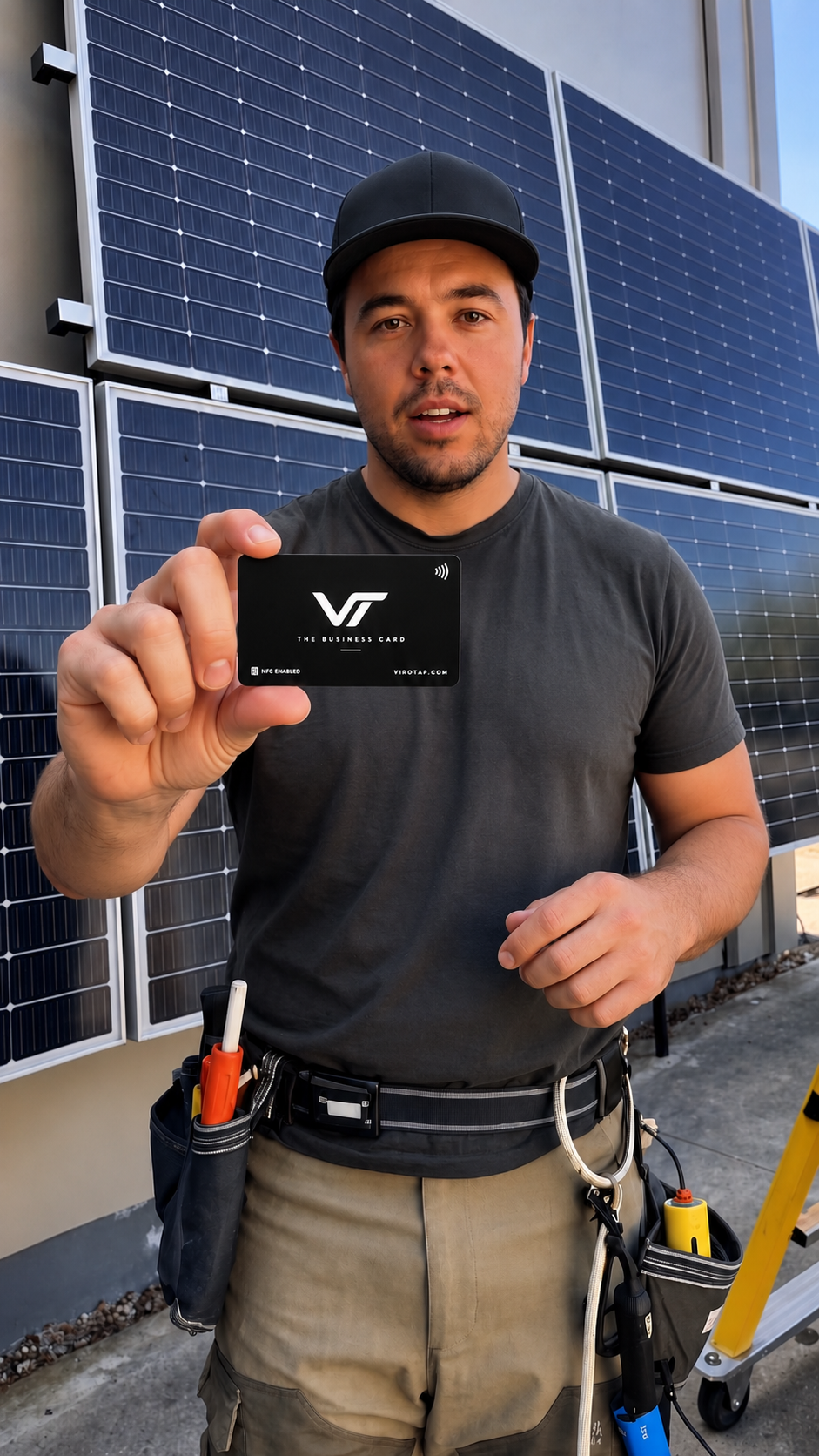 Tradesman holding the Viro Tap metal NFC business card