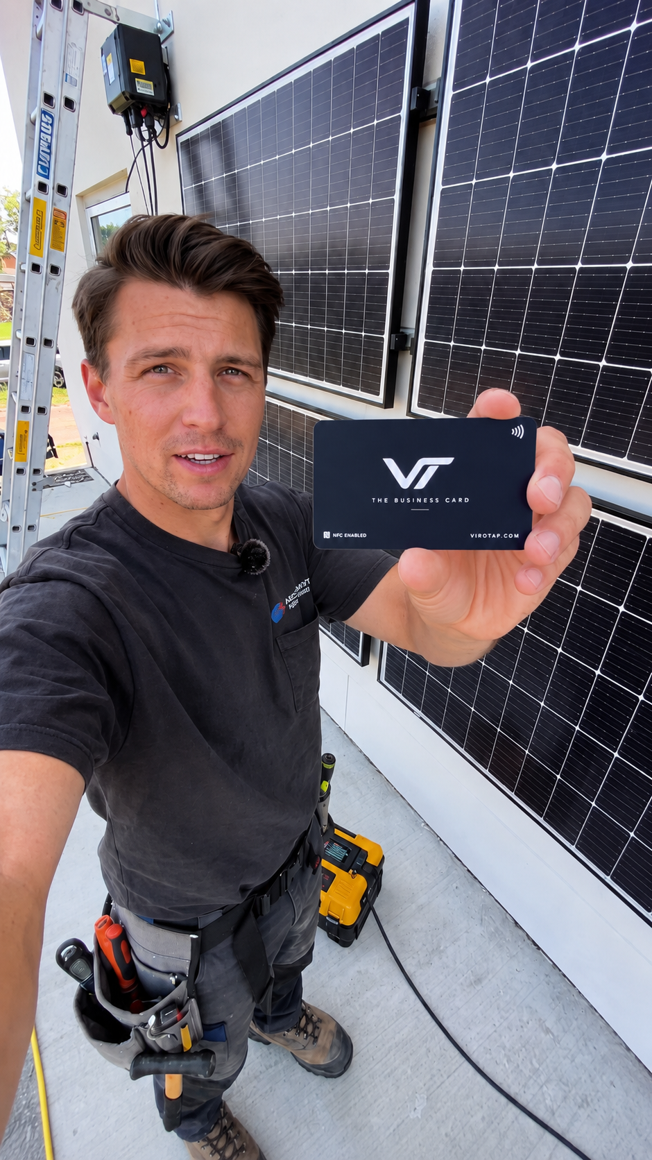 Solar installer holding the Viro Tap metal NFC business card